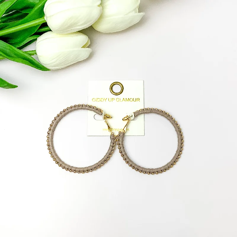 Circle Gold Tone Beaded Hoop Earrings in Grey