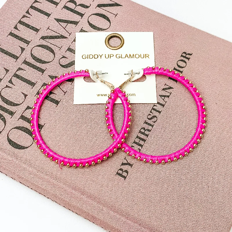 Circle Gold Tone Beaded Hoop Earrings in Hot Pink