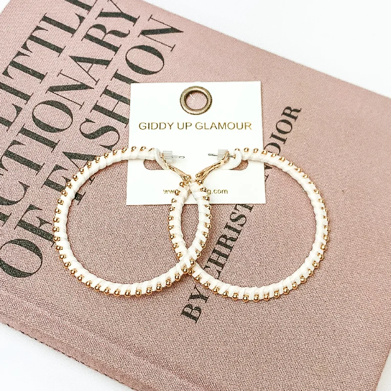 Circle Gold Tone Beaded Hoop Earrings in Ivory