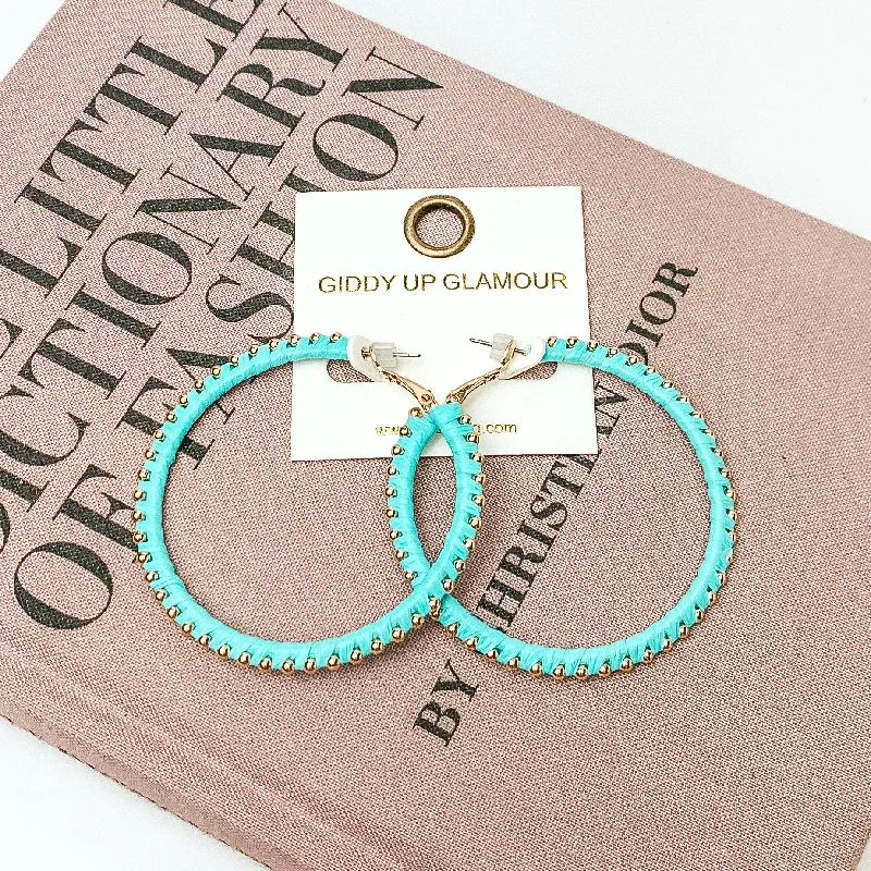 Circle Gold Tone Beaded Hoop Earrings in Light Blue