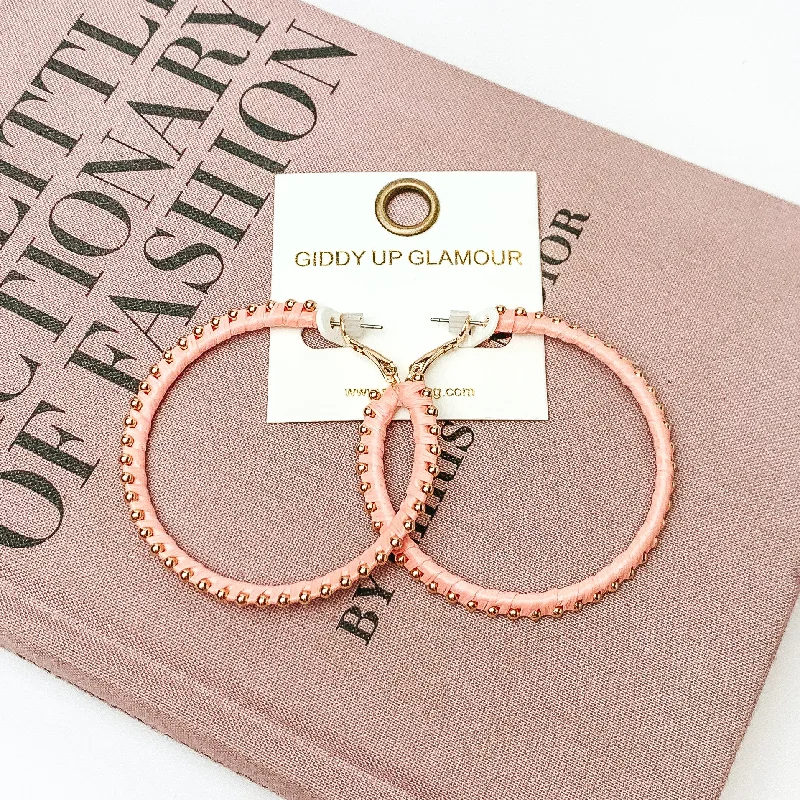 Circle Gold Tone Beaded Hoop Earrings in Light Pink