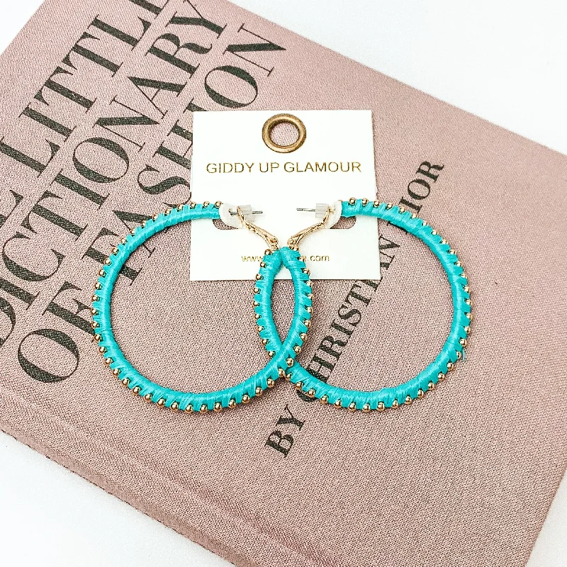 Circle Gold Tone Beaded Hoop Earrings in Turquoise