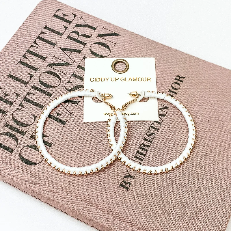 Circle Gold Tone Beaded Hoop Earrings in White