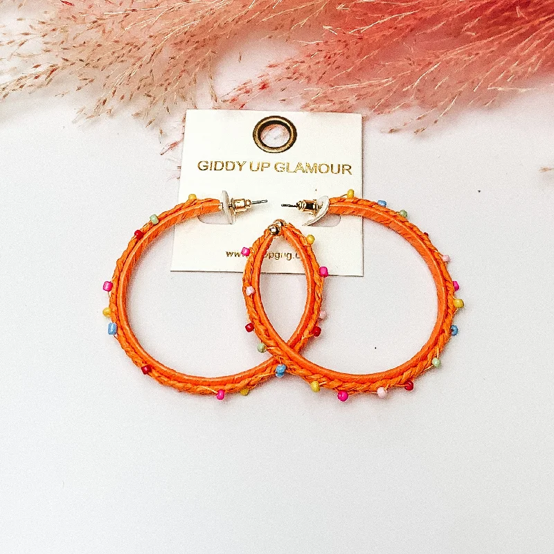 Summer Love Raffia Braided Hoop Earrings with Multicolor Beads in Orange