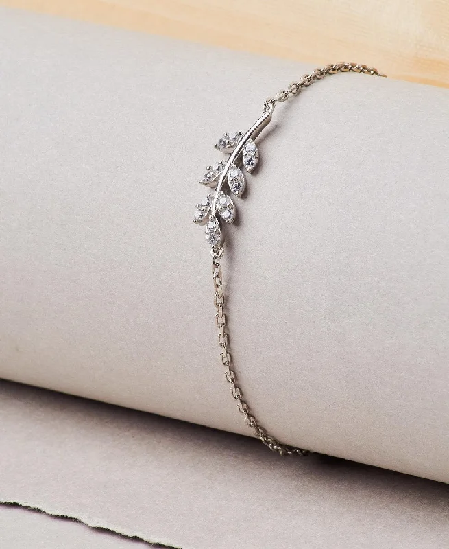 Fashionable Leaf Stone Studded Silver Bracelet.