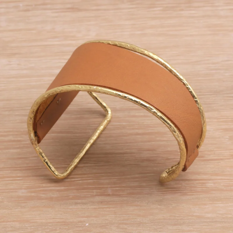 Golden Tan Swirl Golden Tan Leather and Brass Cuff Bracelet from Bali