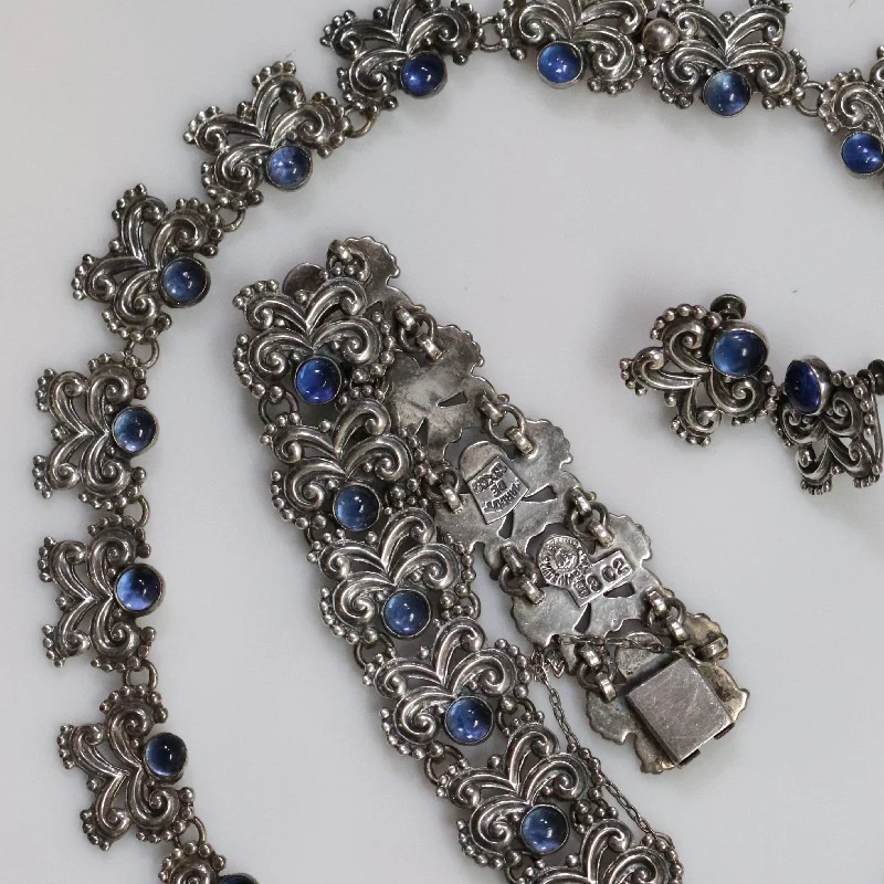 Margot de Taxco Jewelry Set | Cobalt Blue Neckllace, Bracelet and Earrings | Vintage Sterling Silver Mid-Century Taxco