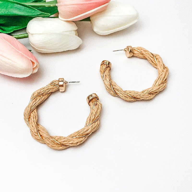 Paradise Dreaming Raffia Twisted Hoop Earrings with Gold Tone Detailing in Beige