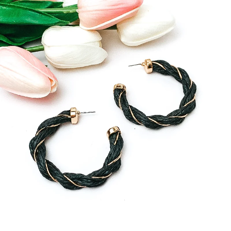 Paradise Dreaming Raffia Twisted Hoop Earrings with Gold Tone Detailing in Black