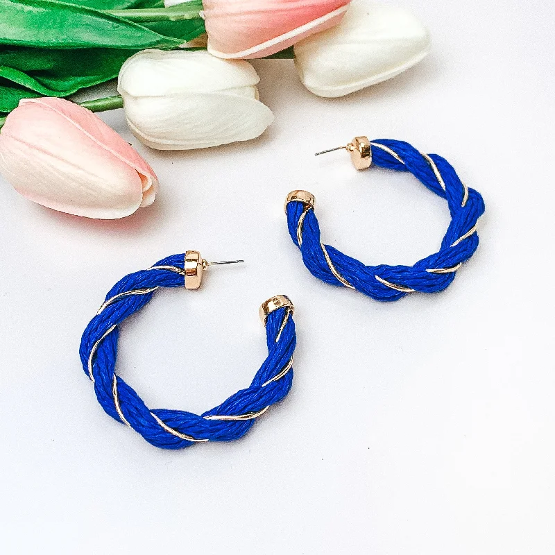 Paradise Dreaming Raffia Twisted Hoop Earrings with Gold Tone Detailing in Blue