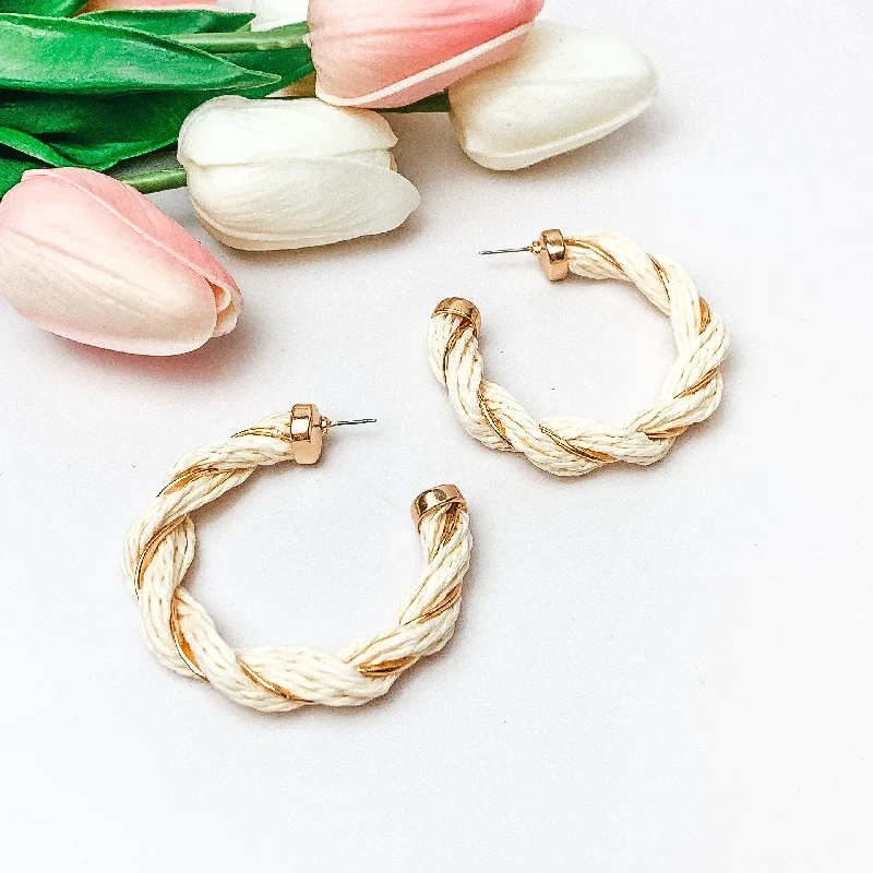 Paradise Dreaming Raffia Twisted Hoop Earrings with Gold Tone Detailing in Ivory