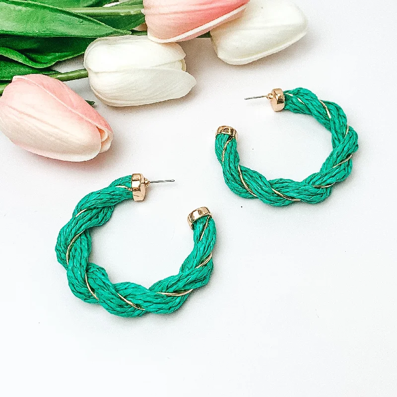 Paradise Dreaming Raffia Twisted Hoop Earrings with Gold Detailing in Teal