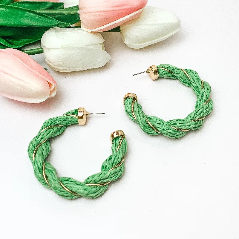 Paradise Dreaming Raffia Twisted Hoop Earrings with Gold Tone Detailing in Light Green