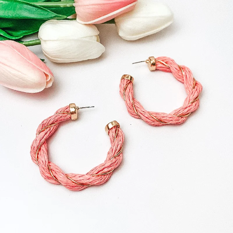 Paradise Dreaming Raffia Twisted Hoop Earrings with Gold Tone Detailing in Pink