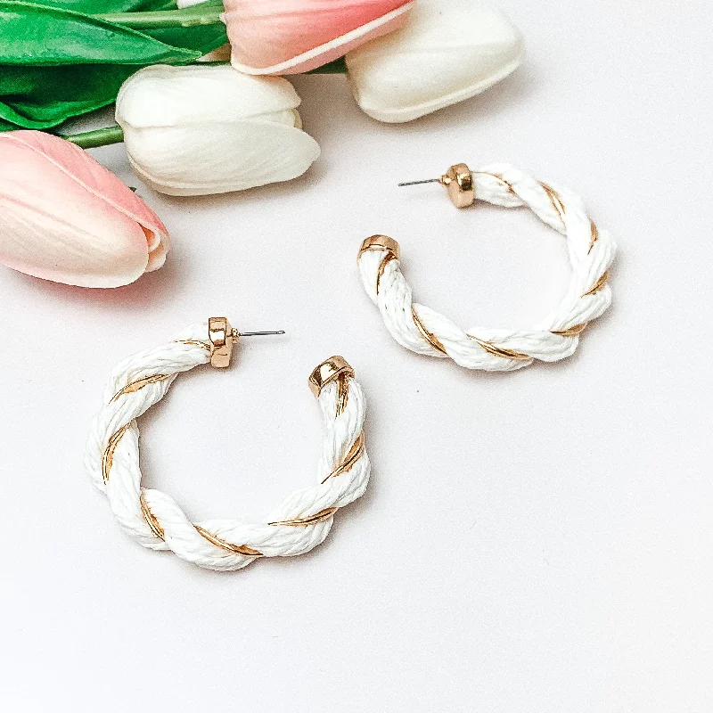 Paradise Dreaming Raffia Twisted Hoop Earrings with Gold Tone Detailing in White