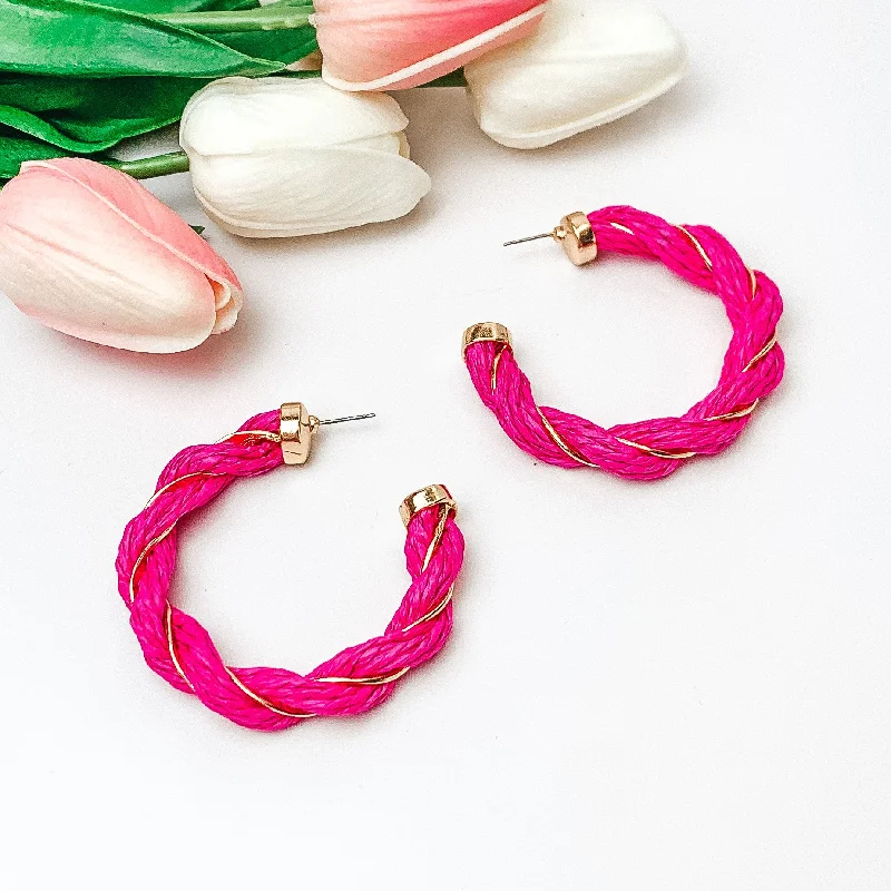 Paradise Dreaming Raffia Twisted Hoop Earrings with Gold Tone Detailing in Fuchsia Pink