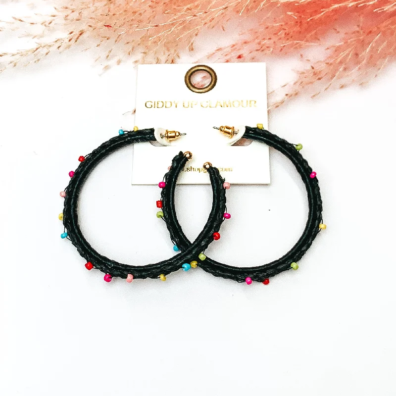 Summer Love Raffia Braided Hoop Earrings with Multicolor Beads in Black