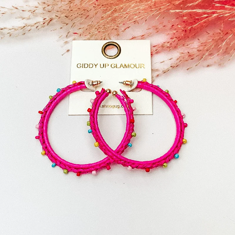 Summer Love Raffia Braided Hoop Earrings with Multicolor Beads in Fuchsia Pink