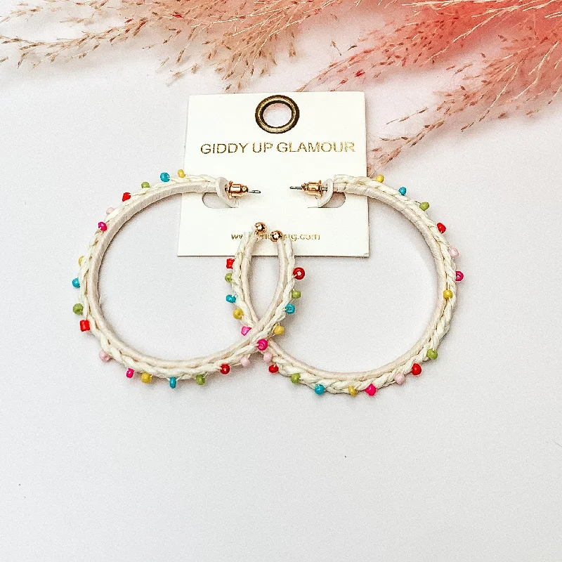 Summer Love Raffia Braided Hoop Earrings with Multicolor Beads in Ivory