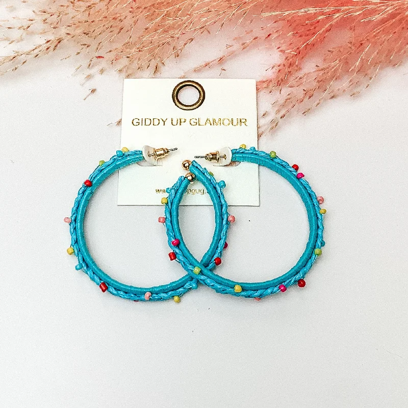 Summer Love Raffia Braided Hoop Earrings with Multicolor Beads in Aqua