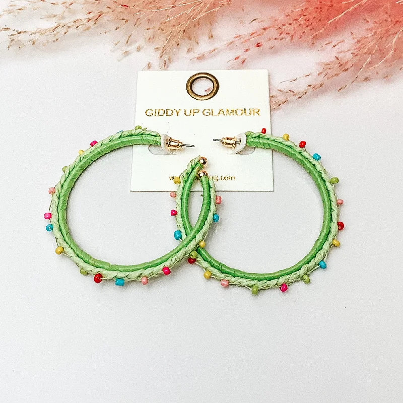 Summer Love Raffia Braided Hoop Earrings with Multicolor Beads in Light Green