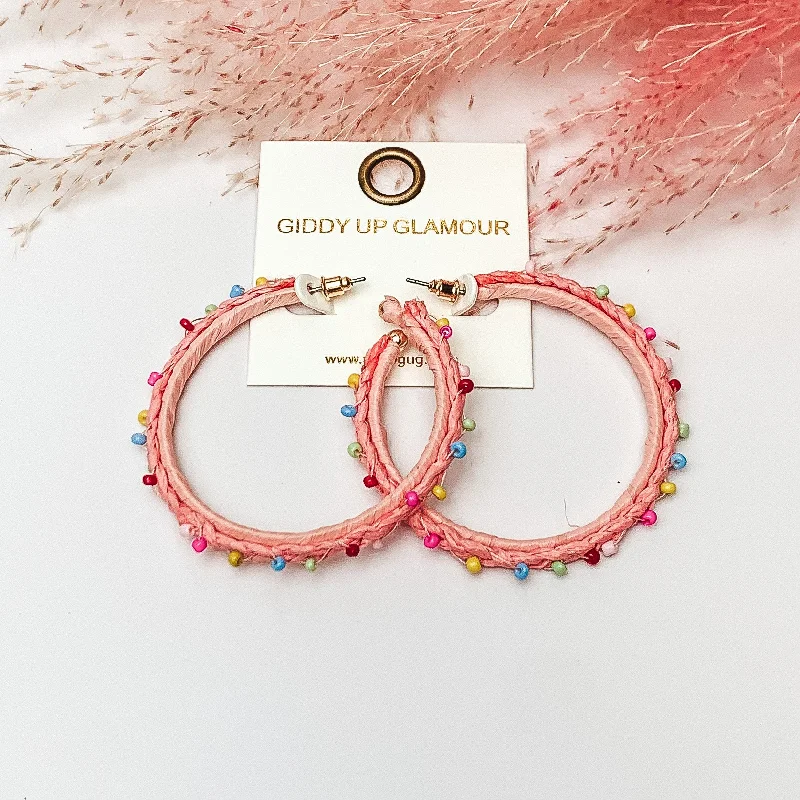 Summer Love Raffia Braided Hoop Earrings with Multicolor Beads in Light Pink