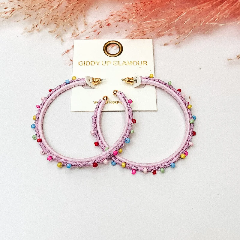 Summer Love Raffia Braided Hoop Earrings with Multicolor Beads in Lavender