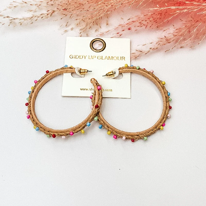 Summer Love Raffia Braided Hoop Earrings with Multicolor Beads in Tan