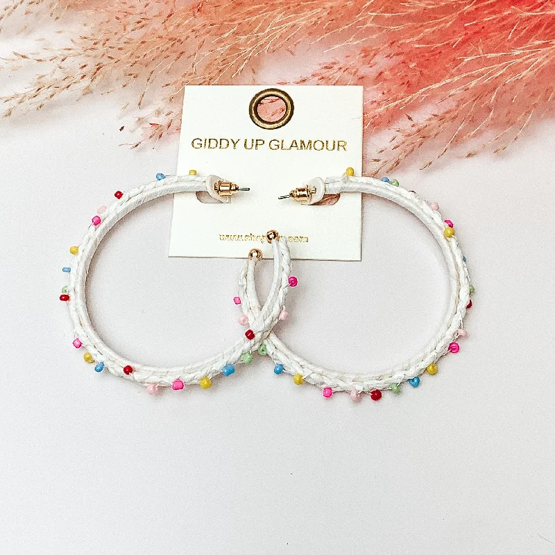 Summer Love Raffia Braided Hoop Earrings with Multicolor Beads in White