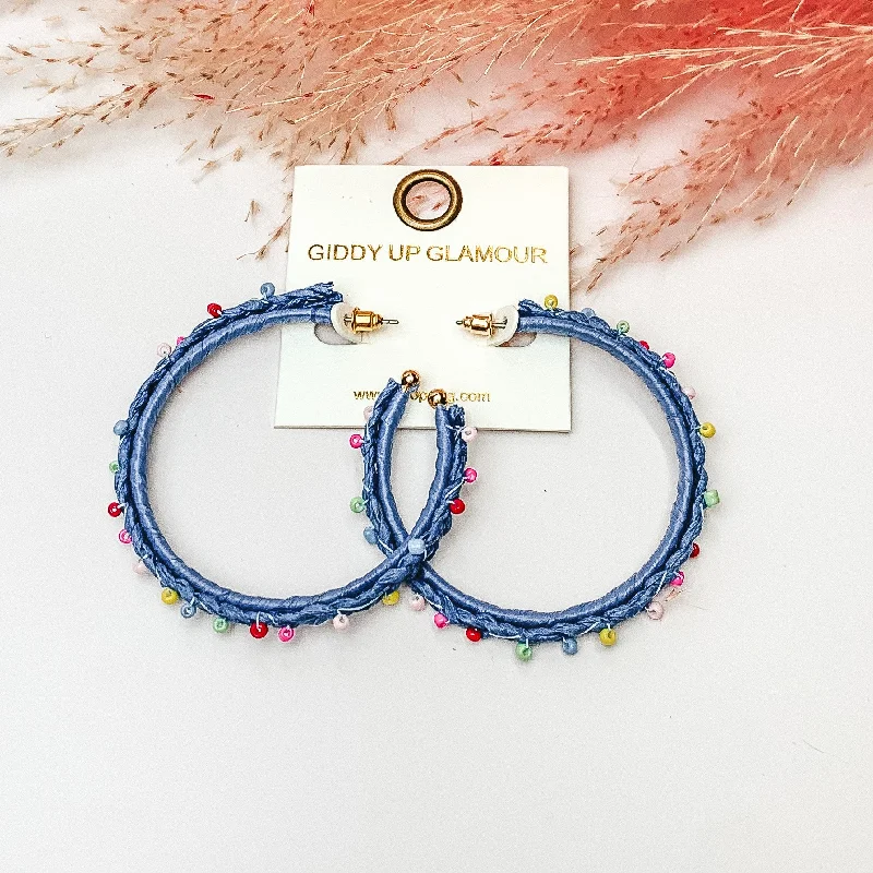 Summer Love Raffia Braided Hoop Earrings with Multicolor Beads in Blue