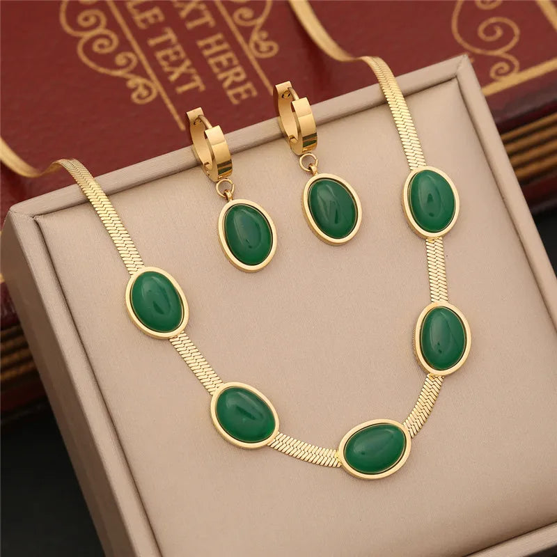 Simple Flat Snake Chain Emerald Stone Pendant Bracelet Necklace Earring Set Indian Jewelry