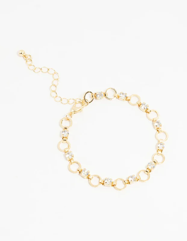 Gold Plated Brass Alternating Cubic Zirconia Round Link Bracelet