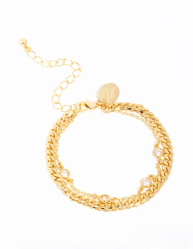 Gold Plated Cubic Zirconia Station & Chain Layered Bracelet