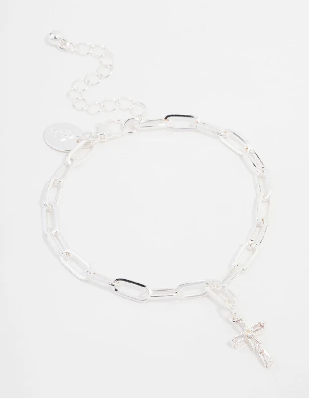 Silver Plated Cross Charm Chain Bracelet