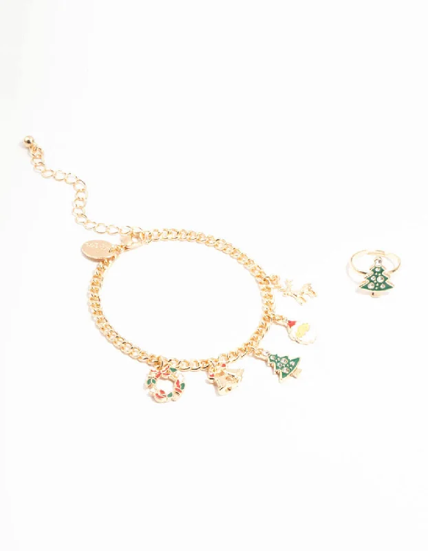 Tree Motif Gold Ring & Charm Bracelet Set