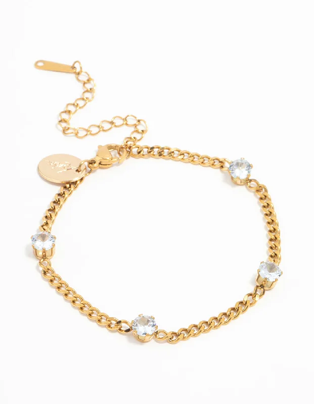 Waterproof Gold Plated Stainless Steel Cubic Zirconia Station Bracelet