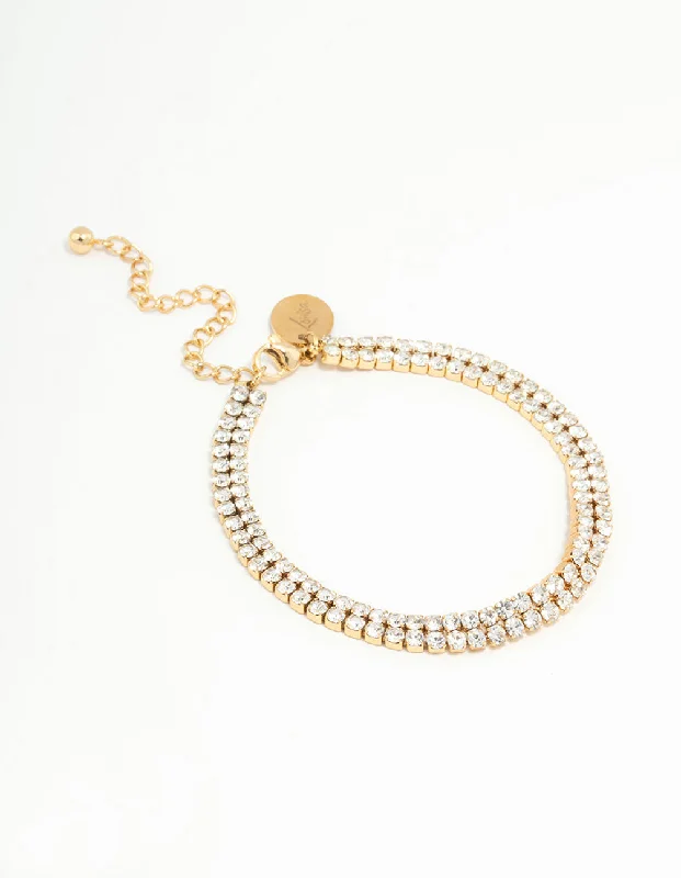 Waterproof Gold Plated Stainless Steel Diamante Layered Tennis Bracelet