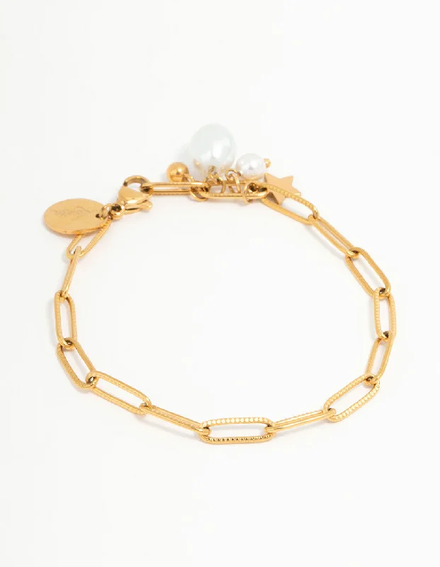 Waterproof Gold Plated Stainless Steel Pearl & Star Charm Bracelet