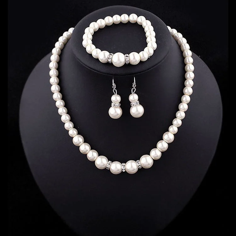 Wholesale Diamond Pearl Necklace Earrings Bracelet Three-Piece Set