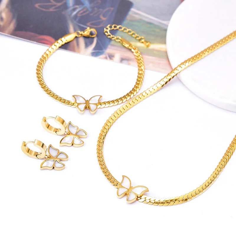 Wholesale Shell Butterfly Clavicle Chain Bracelet Short Gold Earrings Necklace Set