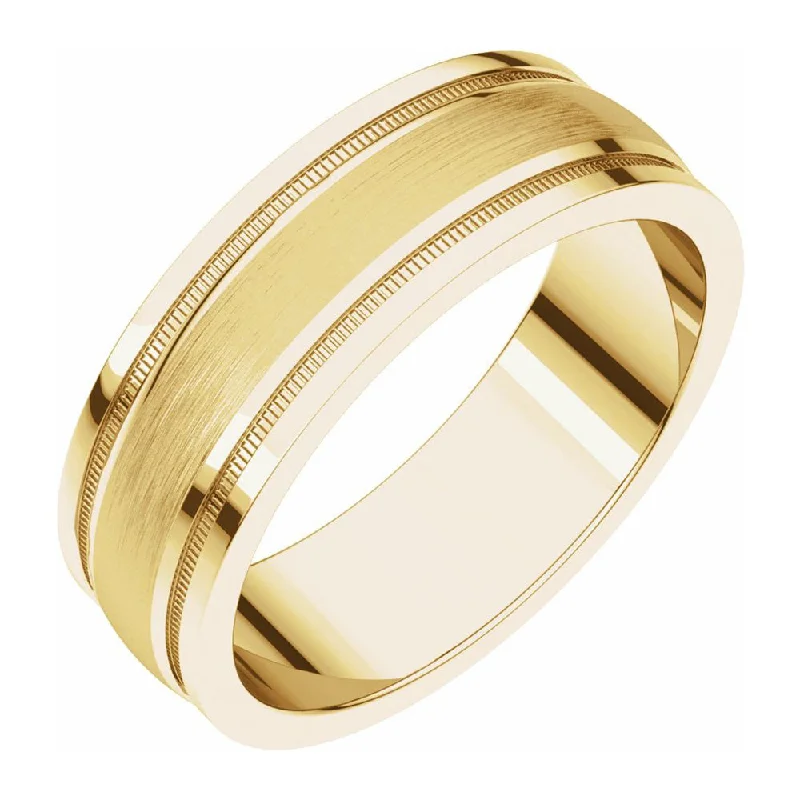 6mm 14K Yellow Gold Flat Edge Satin Center Milgrain Comfort Fit Band