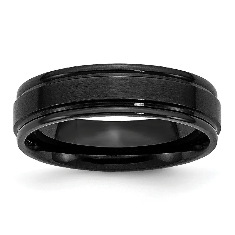 6mm Black Plated Stainless Steel Brushed Center Grooved Edges Band