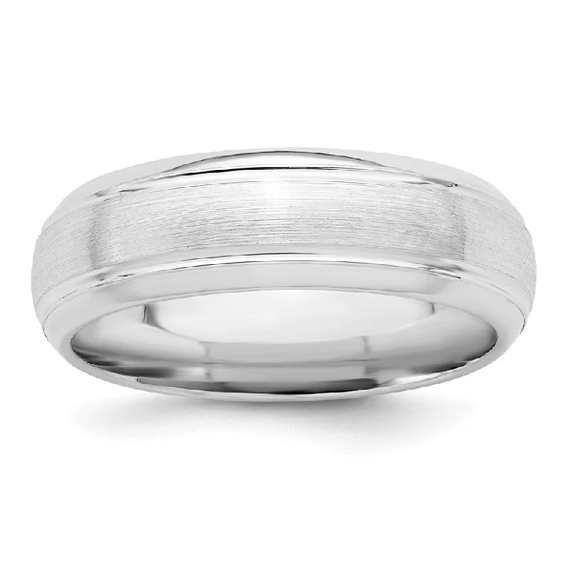 6mm Rhodium Plated Sterling Silver Brushed Domed Grooved Beveled Band