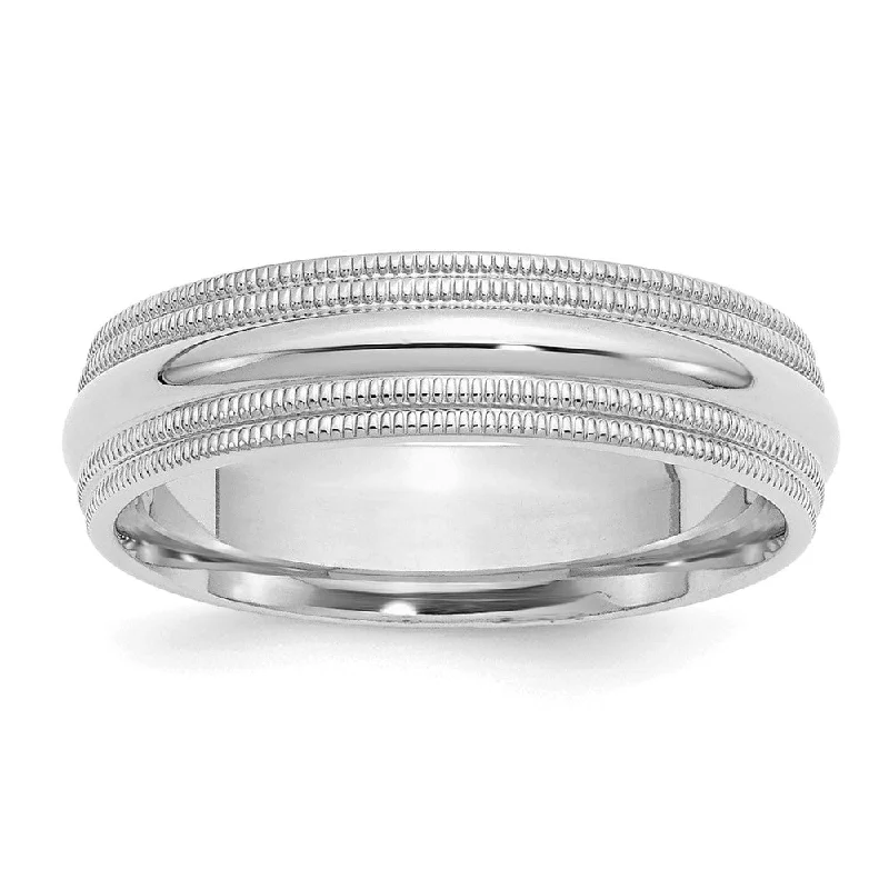 6mm Rhodium Plated Sterling Silver Double Milgrain Comfort Fit Band