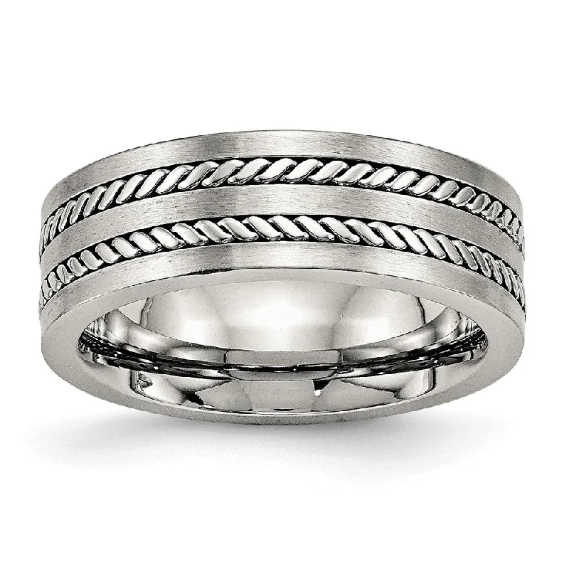 7mm Stainless Steel Brushed & Polished Twisted Inlay Flat Band