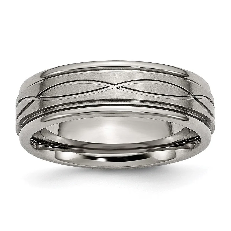 7mm Titanium Crisscross Design Grooved Edge Standard Fit Band