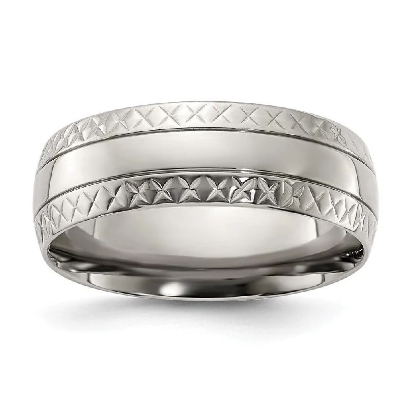 7mm Titanium Polished Grooved Crisscross Edge Standard Fit Band