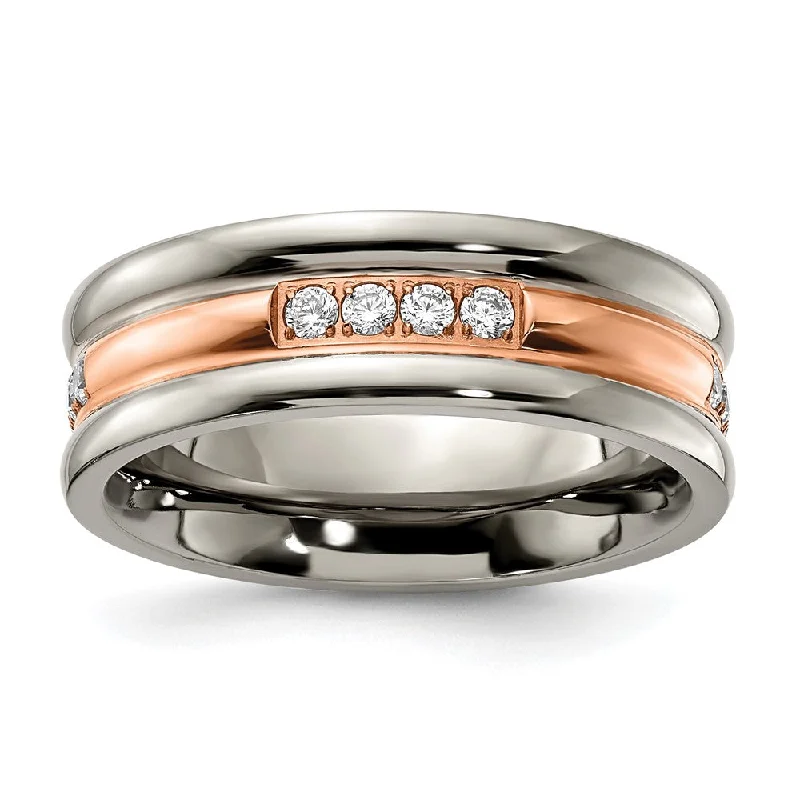 7mm Titanium, Rose Tone Plated, & CZ Grooved Standard Fit Band