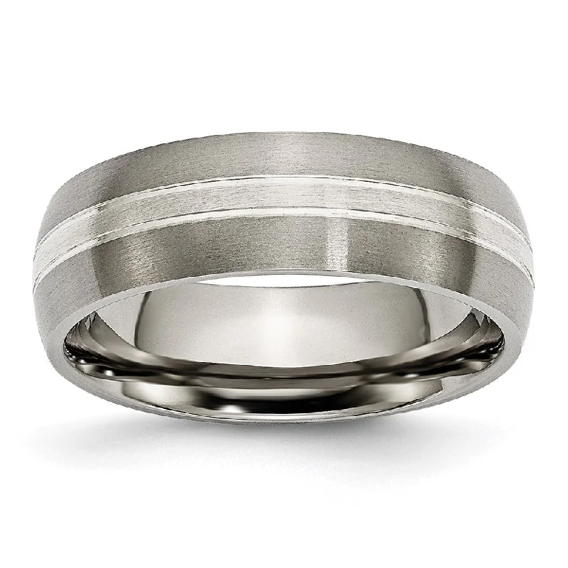 7mm Titanium & Sterling Silver Inlay Brushed Grooved Domed Band