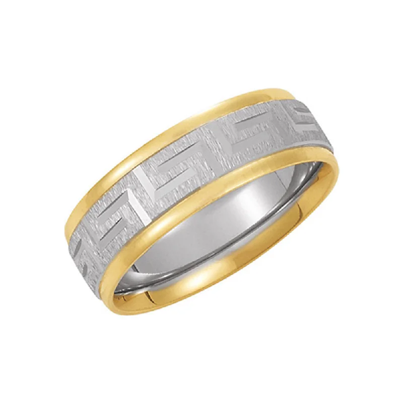 7mm Two Tone Comfort Fit Greek Key Band in 14k Gold